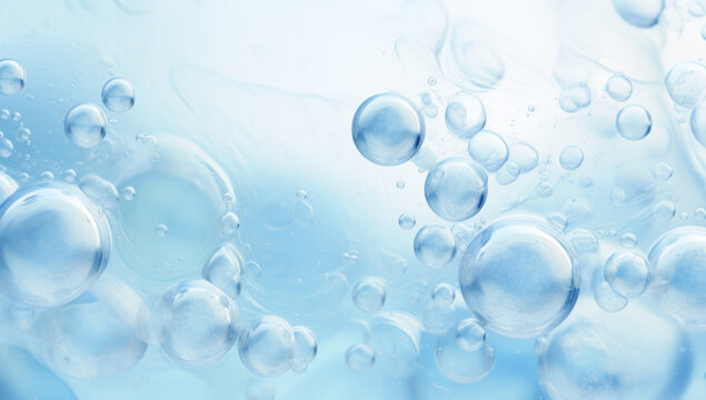 Oxygen bubbles in clear blue water, close-up. Mineral water. Water enriched with oxygen. . Made with AI gereration