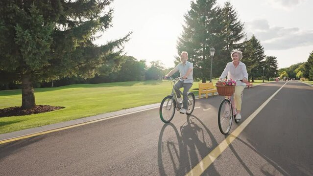 Couple of senior age enjoying bike trip on nature