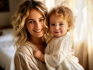 Portrait of happy mother hugging with her cute little daughter at home. Made with AI gereration