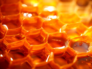 Honeycombs with sweet golden honey on whole background, close up. AI generated