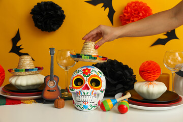 Mexican style Halloween table setting with guitar and hat