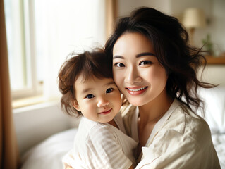 Portrait of happy japanese mother hugging with her cute little daughter at home. Made with AI gereration