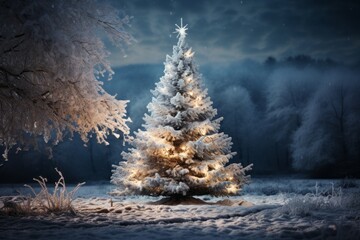  Snowy Outdoor Scene With A Majestic Christmas Tree, Generative AI
