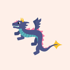 Dragon with wings flat cartoon style. Oriental fantasy animal isolated on beige background. Vector illustration with asian fairytale character. Chinese zodiac sign. New year symbol.