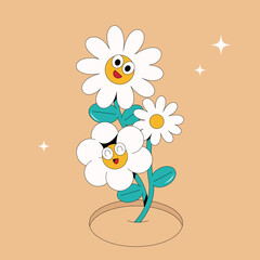 Groove flower. Funny hippie flower character from 90s. retro cartoon style, isolated background, Editable stroke
