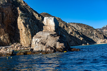 The famous pelican rock of the famous Sea of Cortez on the Mexican coast of Cape St. Luke's in Mexico under the sun.