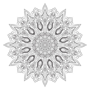 Black and White Mandala Design on White Background, Adult Anti-Stress Mandala Coloring Page, Vector Illustration