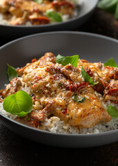 Marry Me Chicken. Creamy Garlic Sun Dried Tomato Chicken with rice. Healthy food