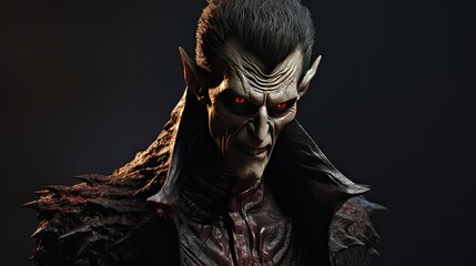 Scary vampire model with big ears and detailed face, red eye