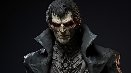 Scary vampire model with big ears and detailed face, red eye - obrazy, fototapety, plakaty