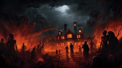 Fototapeta na wymiar Halloween background, spooky illustration with horror scene, pumpkins decorations