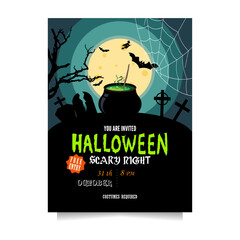 Halloween party invitation with poition in cauldron, graves, bats and a witch in full moon