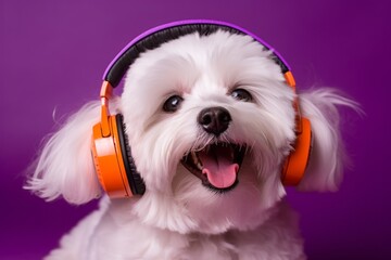 Environmental portrait photography of a happy maltese listening to music wearing a life jacket against a pastel purple background. With generative AI technology