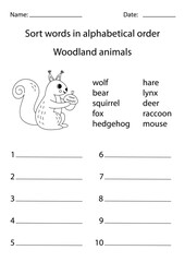 Put words into alphabetical order. Black and white worksheet for preschool kids.
