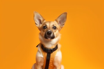 Medium shot portrait photography of a curious norwegian lundehund guarding wearing a safety vest against a pastel orange background. With generative AI technology