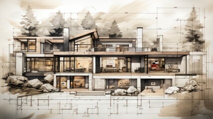 Architectural plans and draft sketches. Draft visualization of architectural plans.