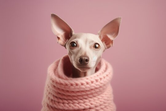 Close-up portrait photography of a cute italian greyhound dog tail wagging wearing an anxiety wrap against a pastel brown background. With generative AI technology