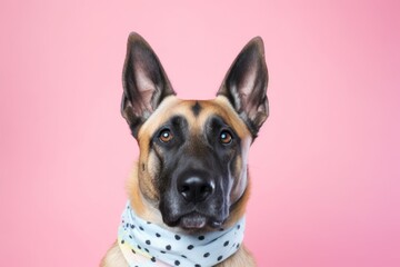 Obraz premium Medium shot portrait photography of a cute belgian malinois dog leaping wearing a polka dot bandana against a pastel multicolor background. With generative AI technology