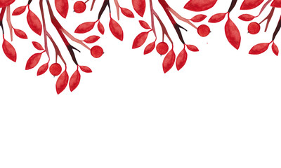 Autumn seamless border with red leaves, branches and berries. Watercolor drawing for the design of social networks and printed materials. Seasonal November decor.