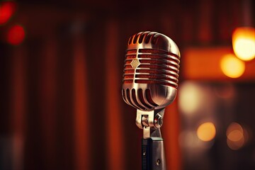 Vintage microphone. Echoes of past. Classic Mic. Sound takes center stage. Retro karaoke. Singing under spotlight. Musical performance