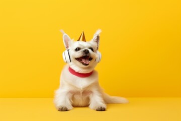 Full-length portrait photography of a happy maltese listening to music wearing a unicorn horn against a soft yellow background. With generative AI technology