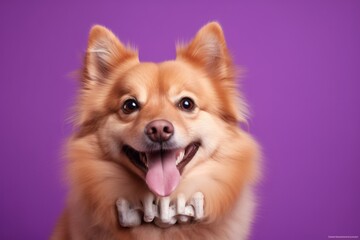 Medium shot portrait photography of a funny finnish spitz chewing bones wearing a safety vest against a soft purple background. With generative AI technology