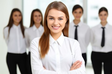 Fototapeta premium Happy student woman girl university high school college classroom during lesson lecture education studies study learning listening teacher professor teen pupil knowledge. Young students business team
