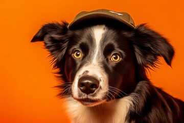 Photography in the style of pensive portraiture of a funny border collie licking other dogs wearing a cool cap against a soft orange background. With generative AI technology