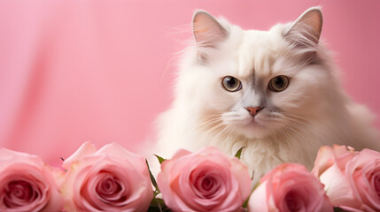 Cute fluffy kitten with roses on pink background