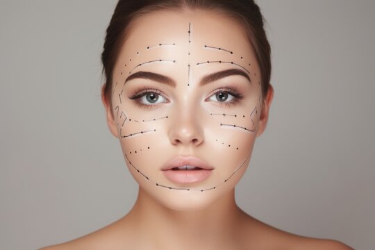 Concept of plastic surgery. Portrait of a young girl with plastic surgery markings on her face, close-up.