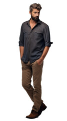 Naklejka premium Isolated handsome young bearded man wearing a BLACK shirt and khaki chinos trousers, walking, cutout on transparent background, ready for architectural visualisation.