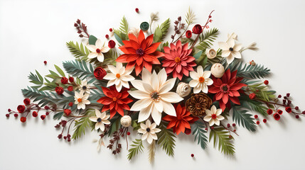 Fototapeta na wymiar Paper-Made Christmas Floral Arrangement for Advent Holiday on White Background.