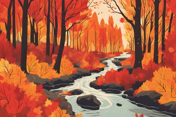 Autumn forest, Colorful watercolor painting of fall season.