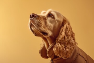 Lifestyle portrait photography of a curious cocker spaniel sniffing air wearing a sherpa coat against a soft brown background. With generative AI technology
