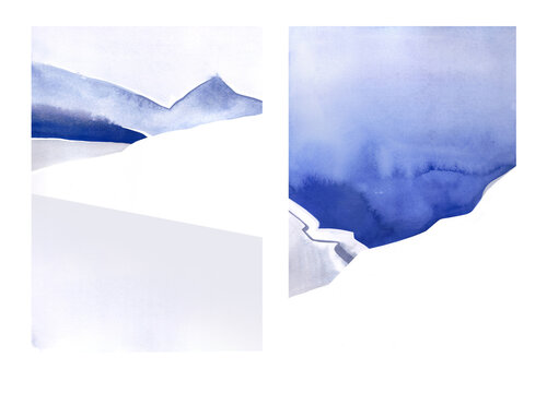Set of watercolor mountain landscape. Winter view. Scene for skiing. Colored abstract background. Blue and white. Wall art. Poster. Illustration.