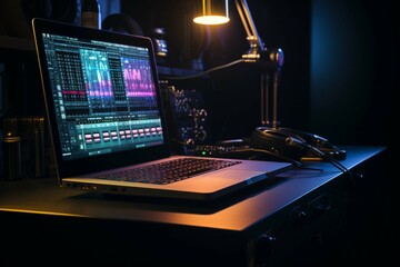 Music creation unfolds with a MIDI keyboard, headphones, and laptop program.