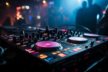 Fototapeta na wymiar Nightclub vibes: DJ mixer table electrifies the background with pulsating beats.
