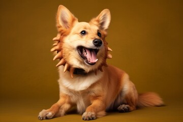 Conceptual portrait photography of a smiling norwegian lundehund licking paws wearing a dinosaur costume against a soft brown background. With generative AI technology