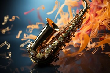 Saxophones gleam with golden melodies amidst a vibrant sea of musical notes.