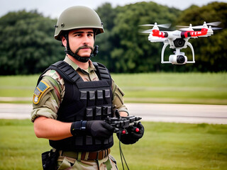 A soldier in body armor with a joystick launches a quadrocopter