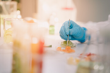 Cosmetic laboratory research and development , lab glassware containing fresh fruits.