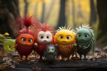 Fototapeta premium Group Of Tiny Monsters Holding Hands, Generative AI