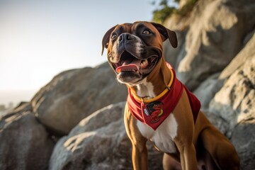 Medium shot portrait photography of a happy boxer dog panting wearing a superhero costume against a rocky cliff background. With generative AI technology