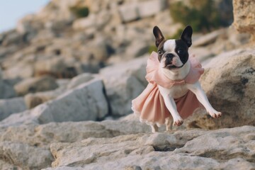 Close-up portrait photography of a cute boston terrier chasing tail wearing a frilly dress against a rocky cliff background. With generative AI technology
