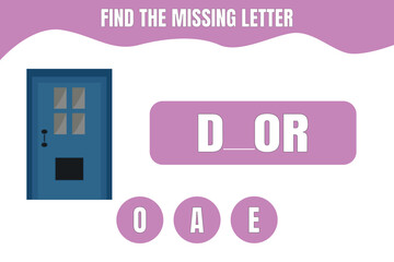 Find the missing letter. Door vector. Educational game for kids. Worksheet design.