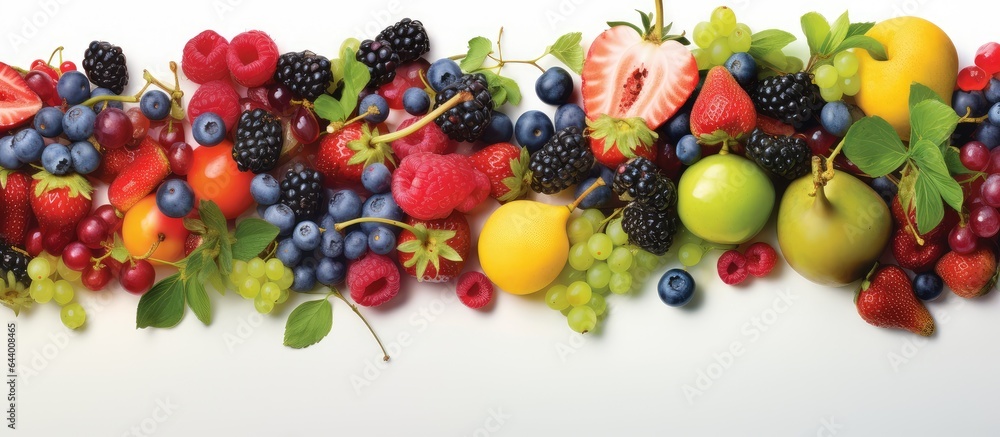 Poster Assorted fruits and berries in a top down view isolated pastel background Copy space