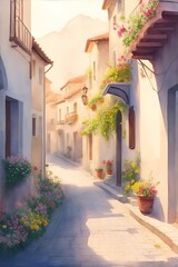 Fototapeta na wymiar Watercolor pain of mediterranean old city street. AI generated illustration