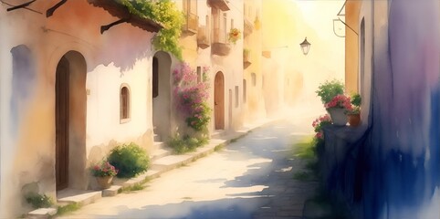 Fototapeta na wymiar Watercolor pain of mediterranean old city street. AI generated illustration