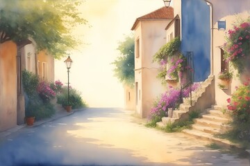 Watercolor pain of mediterranean old city street. AI generated illustration