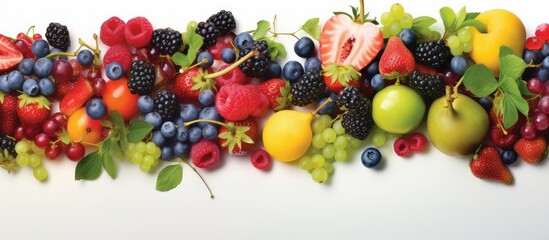 Assorted fruits and berries in a top down view isolated pastel background Copy space
